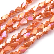 Electroplate Opaque Solid Color Glass Beads Strands, Full Rainbow Plated, Faceted, Triangle, Coral, 8x6x6mm, Hole: 1.2mm, about 76pcs/Strand, 21.65 inch(55cm)(EGLA-G035-B-FR01)