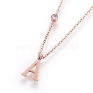 304 Stainless Steel Initial Pendant Necklaces, with Glass Rhinestone, Crystal, Rose Gold, Letter.A, 16.1~16.5 inch(41~42cm), Pendant: 11x5~8.5x1mm(NJEW-G321-04RG-A)