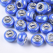 Opaque Resin European Beads, Large Hole Beads, Imitation Porcelain, with Platinum Tone Brass Double Cores, AB Color, Rondelle, Blue, 14x9mm, Hole: 5mm(RPDL-T038-007B)