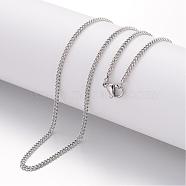 304 Stainless Steel Necklace, Curb Chains, with Lobster Clasps, Stainless Steel Color, 17.72 inch(450mm), 2.2mm(MAK-K004-08P)