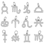 12Pcs 12 Style Brass Micro Pave Cubic Zirconia Charms, 12 Constellations Charm, with Jump Ring, Platinum, 12 Constellations, 9.5~13.5x6.5~12x1.5mm, Hole: 3.5mm, 1pc/style(KK-FH0006-80)