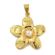 Ion Plating(IP) 304 Stainless Steel Pendants, with ABS Imitation Pearl  Plastic Pendants, Flower, Flower, 24x22x4mm, Hole: 4.5x3mm(STAS-U024-G-02B)