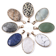 Natural Mixed Gemstone Pendants, with Light Gold Plated Brass Edge and Snap on Bail, Oval, 35~36x21.5x6.5mm, Hole: 6x12mm(G-N326-31)