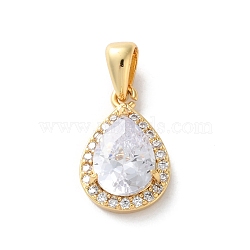 Brass Micro Pave Clear Cubic Zirconia Pendants, Teardrop Charms, Rack Plating, Long-Lasting Plated, Lead Free & Cadmium Free, Real 18K Gold Plated, 13.5x9x4mm, Hole: 4x2.5mm(KK-L227-001G)