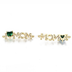 Real 16K Gold Plated Brass Micro Pave Cubic Zirconia Links Connectors, for Mother's Day, Cadmium Free & Nickel Free & Lead Free, Heart with Word Mom, Green, 6x27x6mm, Hole: 1.2mm(KK-S061-92B-G-NR)