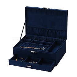 Velvet & Wood Jewelry Boxes, Portable Jewelry Storage Case, with Alloy Lock, for Ring Earrings Necklace, Rectangle, Prussian Blue, 27.3x19.5x10.3cm(VBOX-I001-04B)