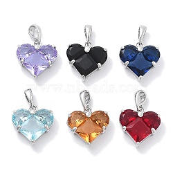 Brass Charms, with Micro Pave Cubic Zirconia, Faceted, Mixed Color, Heart, Real Platinum Plated, 14.5x13.5x5mm, Hole: 4x2.5mm(KK-M102-49P)