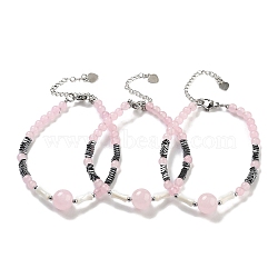 Natural Rose Quartz Round & Synthetic Non-magnetic Hematite & White Shell Beaded Bracelets for Women, 7-1/4 inch(18.5cm)(BJEW-K251-02A)