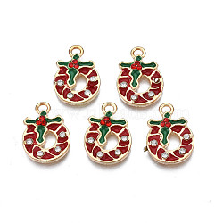 Rack Plating Alloy Enamel Pendants, with Crystal Rhinestone, Cadmium Free & Nickel Free & Lead Free, Light Gold, Christmas Wreath, Dark Red, 17x12x2.5mm, Hole: 1.8mm(ENAM-N055-152)