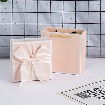 Bowknot Paper Jewelry Gift Boxes, with Paper Bags, Rectangle, Misty Rose, Box: 20x18x9.2cm