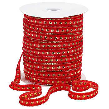 WADORN 1 Roll Single Face Velvet Ribbon, for Clothing Accessories, Gold, Red, 3/8 inch(10mm), about 50 yards/roll