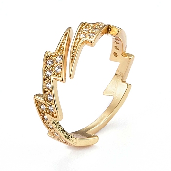 Brass Micro Pave Clear Cubic Zirconia Cuff Rings, Open Rings, Long-Lasting Plated, Lightning Bolt, Real 18K Gold Plated, US Size 6 1/2, Inner Diameter: 17mm