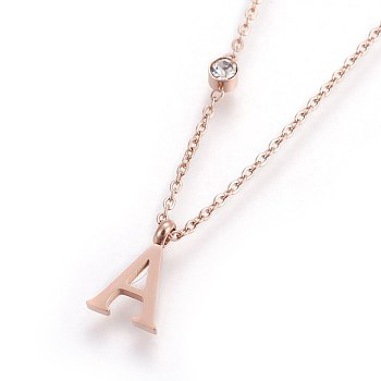 304 Stainless Steel Initial Pendant Necklaces, with Glass Rhinestone, Crystal, Rose Gold, Letter.A, 16.1~16.5 inch(41~42cm), Pendant: 11x5~8.5x1mm