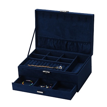 Velvet & Wood Jewelry Boxes, Portable Jewelry Storage Case, with Alloy Lock, for Ring Earrings Necklace, Rectangle, Prussian Blue, 27.3x19.5x10.3cm