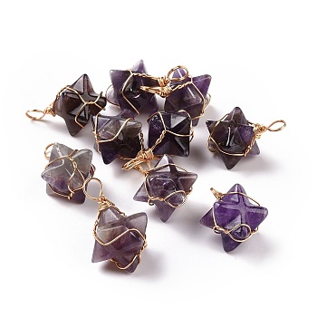 Natural Amethyst Copper Wire Wrapped Pendants, Merkaba Star Charms, Golden, 26~31x20~21x13~15mm, Hole: 5~5.5mm