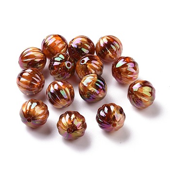 UV Plating Rainbow Iridescent Acrylic Beads, with Gold Foil, Grooved Beads, Round, Sienna, 17mm, Hole: 2mm