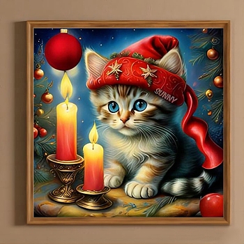 Christmas Series DIY Diamond Painting Kit, Including Resin Rhinestones Bag, Diamond Sticky Pen, Tray Plate, Glue Clay and Canvas, Cat Shape, 15.75x15.75x0.01 inch(400x400x0.2mm), Resin Rhinestones: 20 bags