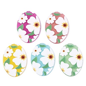 Translucent Cellulose Acetate(Resin) Pendants, 3D Printed, Oval with Flower, Mixed Color, 45x31.5x2.5mm, Hole: 1.4mm
