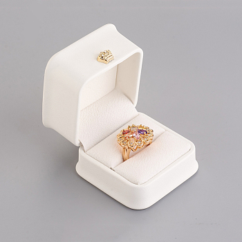 PU Leather Ring Gift Boxes, with Golden Plated Iron Crown and Velvet Inside, for Wedding, Jewelry Storage Case, White, 5.85x5.8x4.9cm