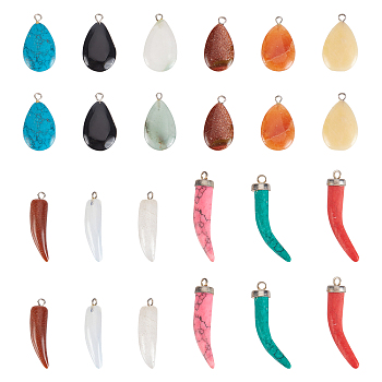 SUPERFINDINGS 24Pcs 12 Color Natural & Synthetic Gemstone Pendants, with Platinum Iron Findings, Little Pepper & Teardrop, Mixed Color, 23~31x6.5~12x4~8mm, Hole: 1.8~2mm, 2Pcs/Color, 12 Color, 24Pcs