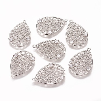 Brass Micro Pave Cubic Zirconia Pendants, Filigree Findings, Nickel Free, teardrop, Real Platinum Plated, 25.5x17x1~2mm, Hole: 1mm