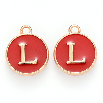 Golden Plated Alloy Enamel Charms, Cadmium Free & Lead Free, Enamelled Sequins, Flat Round, Red, Letter.L, 14x12x2mm, Hole: 1.5mm