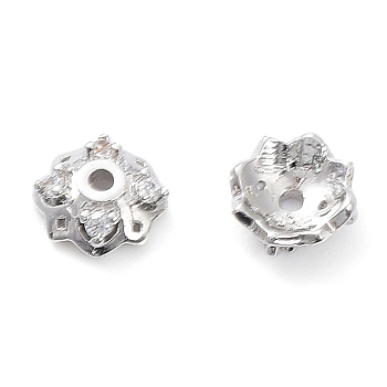 Brass with Clear Cubic Zirconia Bead Caps, 4-Petal Flower, Real Platinum Plated, 6.5x2.5mm, Hole: 1~1.2mm