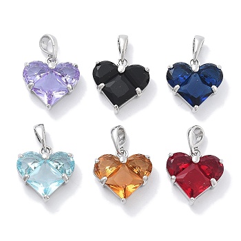 Brass Charms, with Glass, Faceted, Mixed Color, Heart, Real Platinum Plated, 14.5x13.5x5mm, Hole: 4x2.5mm