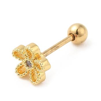 Brass Micro Pave Clear Cubic Zirconia Stud Earrings, with 316 Stainless Steel Pin and Ear Nut, Flower, Golden, 6mm