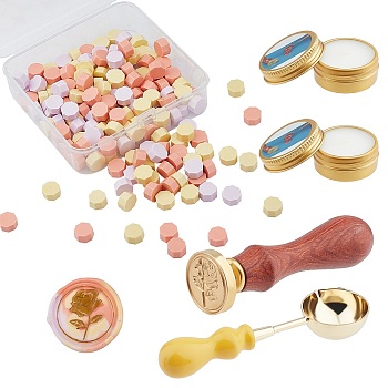 CRASPIRE 185Pcs DIY Stamp Making Kits, Including 3 Colors Sealing Wax Particles, Paraffin Candles, Brass Spoon, Beech Wood Handle, Mixed Color, 9x5mm