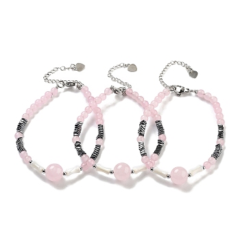 Natural Rose Quartz Round & Synthetic Non-magnetic Hematite & White Shell Beaded Bracelets for Women, 7-1/4 inch(18.5cm)