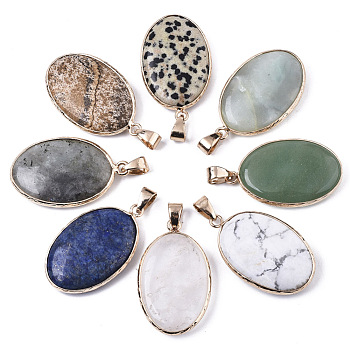 Natural Mixed Gemstone Pendants, with Light Gold Plated Brass Edge and Snap on Bail, Oval, 35~36x21.5x6.5mm, Hole: 6x12mm