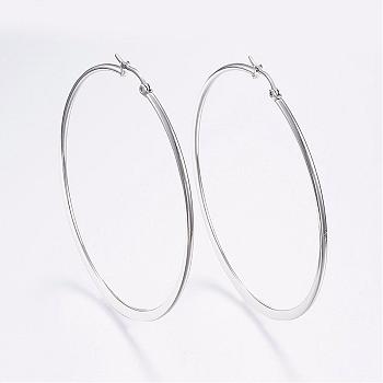 304 Stainless Steel Big Hoop Earrings, Hypoallergenic Earrings, Flat Ring Shape, Stainless Steel Color, 12 Gauge, 64~66x2mm, Pin: 0.7x1mm