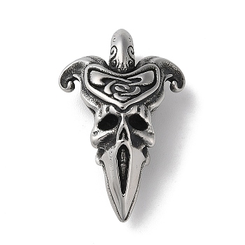 304 Stainless Steel Pendants, Punk Skull Charm, Antique Silver, 44x28x14mm, Hole: 9x6.5mm