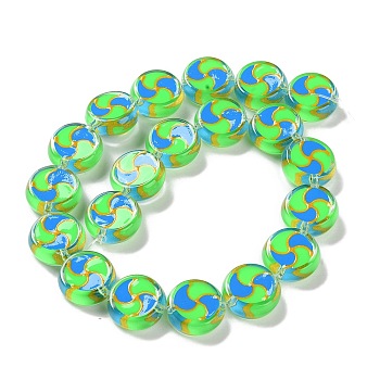 Glass Beads Strands, Hand Drawn Beads, with Enamel, Flat Round, Green, 17x7mm, Hole: 1.5mm, about 19pcs/strand, 12.60 inch(32cm)