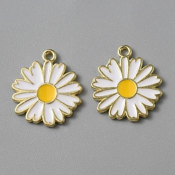 Light Gold Plated Alloy Enamel Pendants, Daisy Charms, White, 18x16x1mm, Hole: 1.3mm