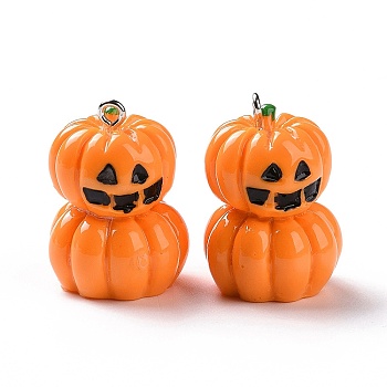 Halloween Opaque Resin Pendants, Pumpkin Jack-O'-Lantern Charms, with Platinum Tone Iron Loops, Dark Orange, 27x19.5x20mm, Hole: 2mm