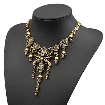 Alloy Skull Bib Necklace, Halloween Tassel Stackable Necklace for Women, Antique Golden, 18.18 inch(46.2cm)