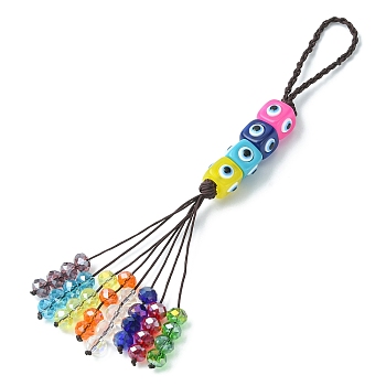 Glass Beaded Pendant Decorations, with Cube with Evil Eye Lampwork and Nylon Thread Hanging Ornaments, Colorful, 190mm