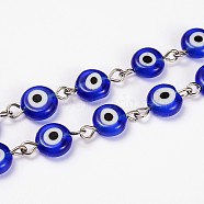 Handmade Lampwork Flat Round Evil Eye Beads Chains for Necklaces Bracelets Making, with Iron Eye Pin, Unwelded, Blue, 39.3 inch(AJEW-JB00110-03)