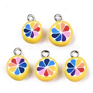 Handmade Polymer Clay Charms, with Platinum Tone Iron Findings, Lemon,  Rainbow Color, 13~14x8.5~10x4mm, Hole: 1.8mm(CLAY-T016-58)