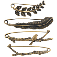 8Pcs 4 Styles Tibetan Style Alloy Brooch, Feather & Leaf & Branch, Antique Bronze, 61~89x23~37x3.2~9mm, 2pcs/style(JEWB-SC0001-38)