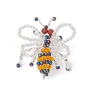 Handmade Glass Seed Beads Woven Pendants, with Jump Rings, Bee Charms, White, 35x32x3mm, Hole: 3mm(PALLOY-MZ00214-02)