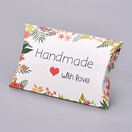 Paper Pillow Boxes, Gift Candy Packing Box, Flower Pattern & Word Handmade with Love, White, Box: 12.5x7.6x1.9cm, Unfold: 14.5x7.9x0.1cm(CON-L020-01A)