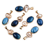 Natural Crackle Agate Pendants, with Natural Shells and Light Gold Plated Brass Findings, Dyed, Oval Charm, Marine Blue, 32~36x14.5~16.5x5~7.5mm, Hole: 4x6.5mm(G-N326-152B)