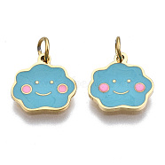 316 Surgical Stainless Steel Enamel Charms, with Jump Rings, Cloud, Sky Blue, Real 14K Gold Plated, 9.5x9.5x0.5mm, Jump Ring: 3.8x0.6mm, 2.6mm inner diameter(STAS-S116-366G)