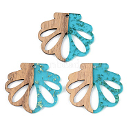 Transparent Resin & Walnut Wood Pendants, with Gold Foil, Flower, Dark Turquoise, 33.5x38x3mm, Hole: 2mm(RESI-S389-047A-B03)