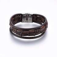 Leather Cord Multi-strand Bracelets, with 201 Stainless Steel Clasp, Rectangle, Coconut Brown, Stainless Steel Color, 8-5/8 inch(22cm), 4~22x4~7mm(BJEW-E345-17P)
