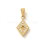 Ion Plating(IP) 304 Stainless Steel Micro Pave Cubic Zirconia Pendants, Rhombus, 13x8x1.5mm, Hole: 4x2.5mm(STAS-H228-04G-06)