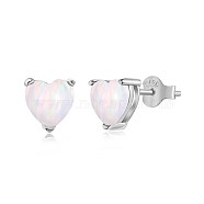 Rhodium Plated 925 Sterling Silver Opal Stud Earrings for Women, with S925 Stamp, Real Platinum Plated, Heart, WhiteSmoke, 6x6.7mm(EJEW-P231-76B)